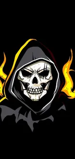 Flaming skull in a hood on black background mobile wallpaper.