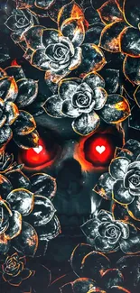 Gothic skull with red eyes surrounded by dark flowers.