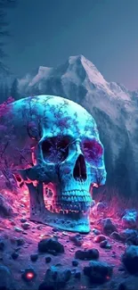 Mystical skull art in vibrant mountains with blue hues.