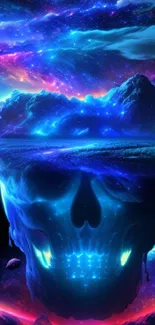 Neon cosmic skull in vibrant galaxy scene.