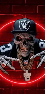 Skull with jewelry in red neon circle on dark brick wall.