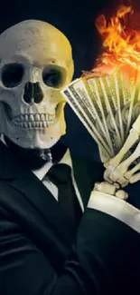 Skull figure in suit holding flaming money in dark setting.