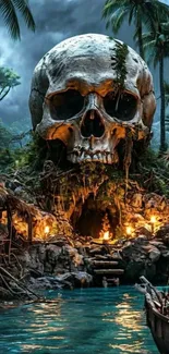 Giant skull on tropical island with palms and blue water.
