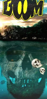 Skull island with comic BOOM text over a teal ocean.