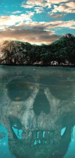 Mysterious Skull Island reflecting in the ocean with a teal sky.