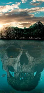 Tropical island with skull reflection in ocean.