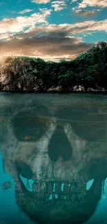 Captivating skull reflection under a lush island in teal ocean.