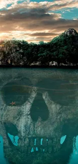 An island resembling a skull in the ocean with a striking sunset backdrop.