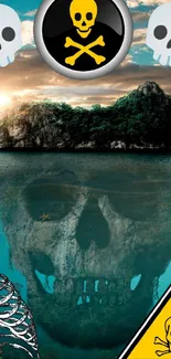 Skull Island scene with ocean and sun.