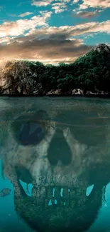 Island with skull reflection in ocean.