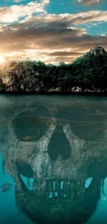 Skull island reflected underwater with vibrant ocean.