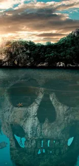 Skull-shaped rock reflected beneath island in ocean at sunset.