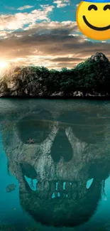 Island with hidden skull in ocean at sunrise and smiley emoji.