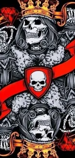 Gothic skull king playing card wallpaper with bold red and black elements.