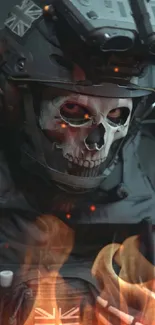 Soldier wearing a skull mask with tactical gear.