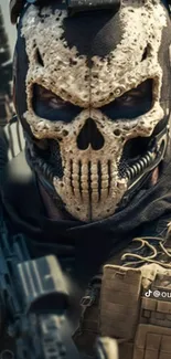 Fierce warrior with a skull mask and tactical gear in high detail.