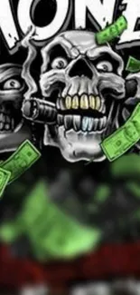 Skull-themed phone wallpaper with money and cigars.