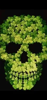 Green shamrock skull design on black background.