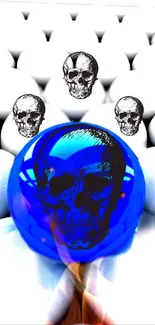 Skull design on a vibrant blue orb, set against a white background.