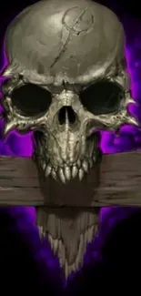 Skull with purple glowing aura on dark background wallpaper.