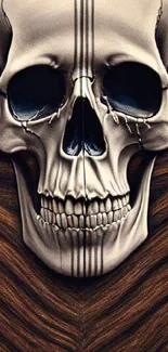 Intricate skull design with a wooden background on a mobile wallpaper.