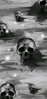 Grayscale wallpaper featuring skull patterns in a unique, artistic style.