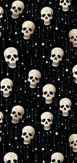 Seamless skull pattern on black mobile wallpaper.