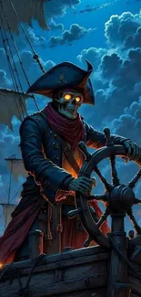 Skeleton pirate steering ship under dark, cloudy night sky.