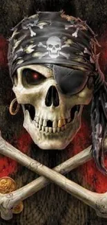 Pirate skull with crossbones on dark background.