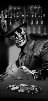 Skull in a suit playing poker with smoke in a noir style setting.