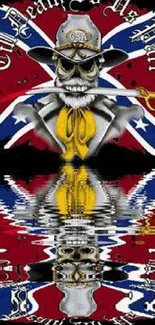 Gothic-style wallpaper with skull reflection on Confederate flag.