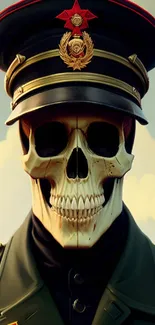 Artistic mobile wallpaper featuring a skull in a military uniform.