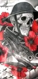 Detailed skull soldier art with red poppies.