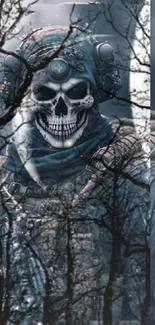 Skull-masked soldier in forest setting wallpaper.