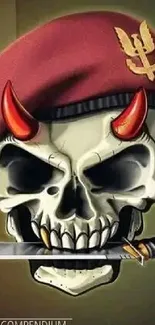 Skull with red beret and knife mobile wallpaper.