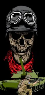 Illustrated skull soldier and tank on black.