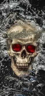 Dramatic skull wallpaper with red eyes and water splash effect.