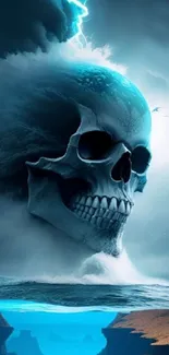 Skull emerging from ocean with storm clouds and lightning.