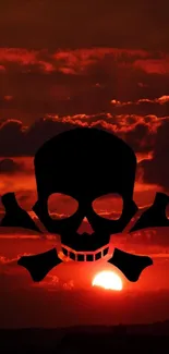 Dark red sky with skull silhouette at sunset.