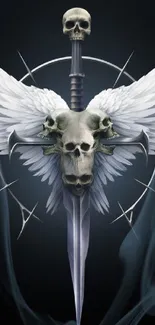 Sword with skulls and angel wings in dark art.