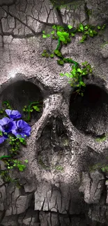 Textured skull wallpaper with green vines and a purple flower accent.