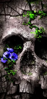 Textured skull with green foliage and purple flowers on a dark stone background.