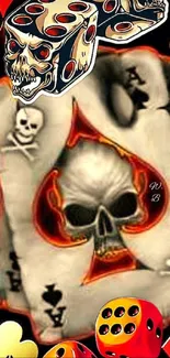 Skull-themed playing cards wallpaper with dice and bold colors.