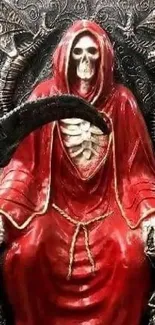 Skeletal figure in red cloak sitting on a detailed throne in a shop.