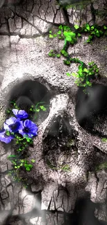 Stone skull with green moss and a purple flower on a phone wallpaper.