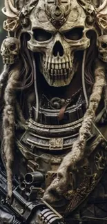 Gothic skull warrior in detailed armor with dark theme.