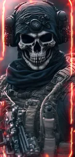 Skull-clad warrior in tactical gear with a mysterious backdrop.