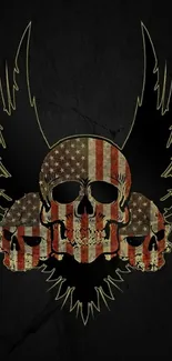 Skull design with American flag and wings on black background.