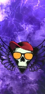 Mobile wallpaper with skull, wings, and purple lightning background.