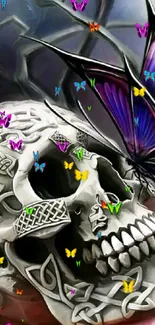 Tattooed skull with purple butterfly art.